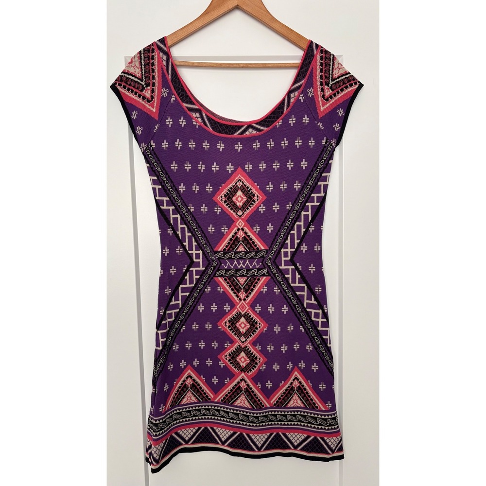 Whimsigoth 90's Grunge Purple Geometric Tribal Knit Scoop Neck Mini Dress L